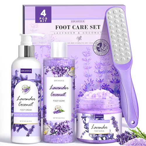 Foot Soak Set Feet Callus Remover Pedicure Set - Lavender Foot Soak Salts,Foot File,Foot Scrub & Urea Foot Cream Pedicure Supplies For Dry Cracked Feet Foot Spa Kit for Women