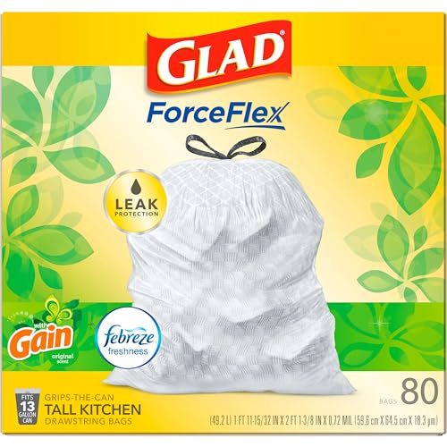 Glad Trash Bags, ForceFlex Tall Kitchen Drawstring Garbage Bags,13 Gal, Gain Original with Febreze, 80 Ct