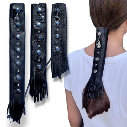 Black Leather Hair Wrap 6" inch to 22" inch - Handmade Ponytail sleeve & Protective Long Hair Saver | Colorful Bike Hair Tie Motorcycle Helmet Accessory with Fringe & Crystals | Made in USA