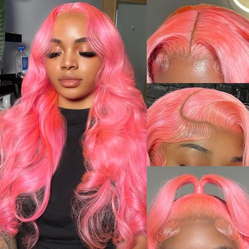 26 Inch Pink Lace Front Wig Human Hair Pre Plucked 13x4 Body Wave Pink Wig Human Hair 200% Density Colored Wigs Human Hair Long Pink Wig with Baby Hair HD Lace Front Wigs Human Hair for Women