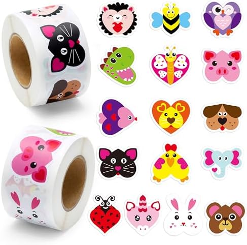 BeYumi 1000Pcs Valentine's Day Heart Shaped Animal Stickers in 2 Rolls for Kids Valentine Heart Labels Waterproof Vinyl Decals for Greeting Cards Envelope Scrapbooking Party Decor Gift for Girls Teens