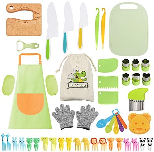 Suhctuptx Kids Knife Set for Real Cooking, Kids Kitchen Knives with Cutting Board Crinkle Cutters Food Conversion Chart & Cleaning Tools (50PCS Green)