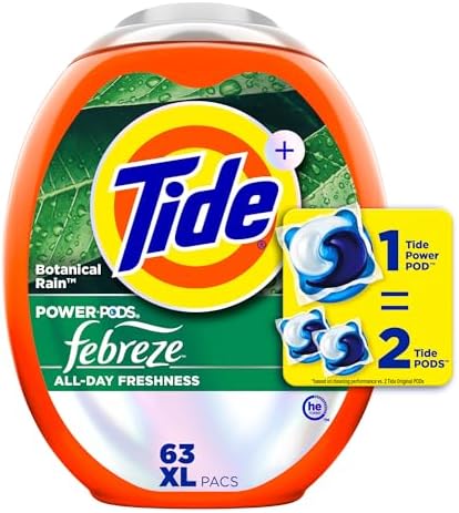 Tide Power Pods Laundry Detergent Pacs with Febreze, 63 Count, Botanical Rain Scent, Febreze Freshness with Odor Eliminators