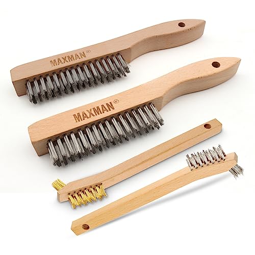 MAXMAN Wire Brush Set 4Pcs, Brass/Stainless Steel Bristles with Curved Beech Handle for Cleaning Rust, Paint Removal,Metal Parts Dirt Scrubbing, 2Pcs 10" Larger+2Pcs 2Pcs 7" Small Brushes