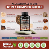 Mushroom Supplement - Organic Lion's Mane | Turkey Tail | Chaga | Cordyceps | Reishi | Maitake | Shiitake | Meshima | Tremella | Oyster | Agaricus - Made in USA - 12-in-1 Complex 12000 mg, 60 Capsules