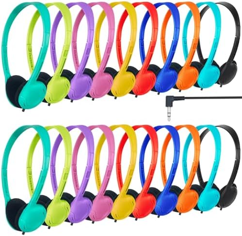 30 Pack Class Set Headphones for Kids Students School Classroom Headphones Bulk Over The Ear Adjustable with 3.5 mm Jack for Library Children Adults Office Gifts (10 Mixed Colors)