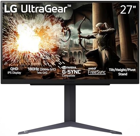 LG 27GS75Q-B 27-inch Ultragear QHD (2560x1440) Gaming Monitor, 180Hz (O/C 200Hz), 1ms, IPS, NVIDIA G-SYNC Compatible, AMD FreeSync, HDR10, Tilt/Height/Pivot Stand, HDMI, DisplayPort, Black