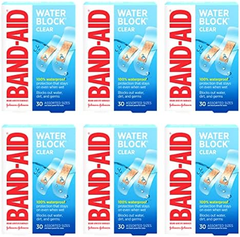 Band-Aid Brand Water Block Clear Waterproof Sterile Adhesive Bandages for First-Aid Wound Care of Minor Cuts and Scrapes, Assorted Sizes, 30 ct (Pack of 6)