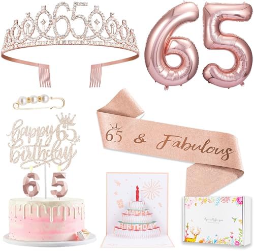 65th Birthday Gifts Decorations for Women, Including 65 year old Birthday Cake Topper, Birthday Queen Sash with Pearl Pin, Sweet Rhinestone Tiara Crown, Number Candles and Balloons Set, Rose Gold