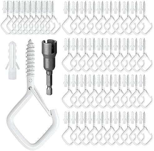 50 Pcs Outdoor Hooks for String Lights,Screw Hooks for Hanging Plants,Ceiling Hooks with Safety Buckle,Square Hanger for Wind Chimes,Bird Feeder,Lanterns,Christmas Decorations (White)