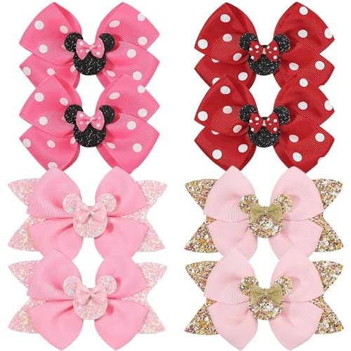 Ayesha 8pcs Mouse Ears Bow Clips for Toddler Girls Mouse Hair Bows Hair Clips Polka Dot Bows for Birthday Parties Themed Parks