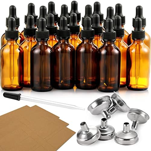 24, 1 oz Dropper Bottles for Essential Oils with 6 Stainless Steel Funnels & 1 Long Glass Dropper - 30ml Amber Glass Bottles with Eye Droppers - Tincture Bottles, Leak Proof Travel Bottles for Liquids