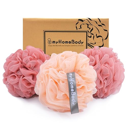myHomeBody Large 70g Loofah Sponge, Body Scrubber, Bath Sponge, Loofah for Women, Men, Exfoliating Sponge Shower Pouf with Activated Charcoal - 3 Pack, 2 Coral Red + 1 Peach