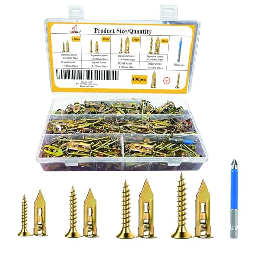400pcs Self-Drywall Drilling Anchors Screws with, 4 Different Expansion Sizes Screw Set, Zinc Plated Steel Dry Wall Screws no Drilling Required, Easy to Install