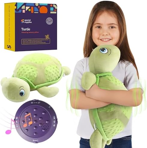 Special Supplies Vibrating Pillow Sensory Pressure Activated Calm for Kids and Adults, Plush Minky Soft Cover-Textured Therapy Stimulation Bumps 3 Vibration Modes, Music & Voice Recording (Turtle)