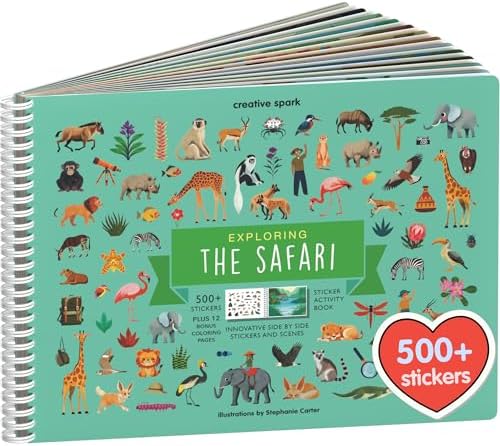 Cupkin Safari Animal Sticker Book Activity for Kids, Toddler Airplane Travel Essentials, 500+ Stickers for Kids + 12 Scenes + 12 Coloring Book Pages, Animal Lover Children's Gift, Crafts Ages 2-8