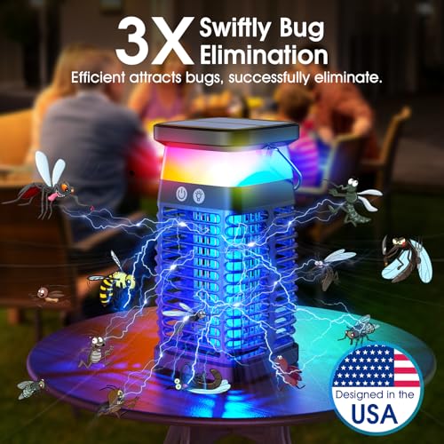 Bug Zapper Outdoor Indoor Mosquito Zapper Solar Fly Zapper Rechargeable Electric Mosquito Killer IP68 Waterproof Insect Fly Trap Plug in with RGB Light & Reading Lamp for Patio Camping Home Backyard