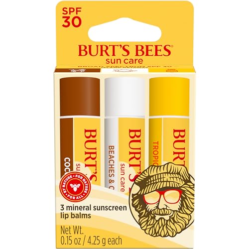 Burt's Bees Island Getaway Sun Care SPF 30 Lip Balm Stocking Stuffers, Water-Resistant Lip Moisturizer Christmas Gifts, Nano-Free Zinc Oxide Formula, Natural Conditioning Lip Treatment (3-Pack)