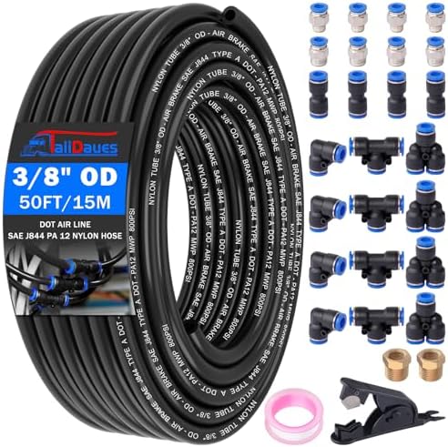 Air Line Tubing Kit, 3/8" OD DOT Air Line 50 FT(15 m) SAE j844 PA Nylon Air Hose Tubing and Push to Connect Fittings for Air Brake System Or Fluid Transfer, 29 Pcs Compressed Accessories Kit