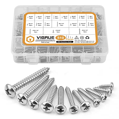 VIGRUE 510Pcs Stainless Steel Wood Screws Assortment Kit, #4#6#8#10#12 Phillips Pan Head Sheet Metal Screws Self Tapping Screws Set,Length 3/8" to 1-1/2"
