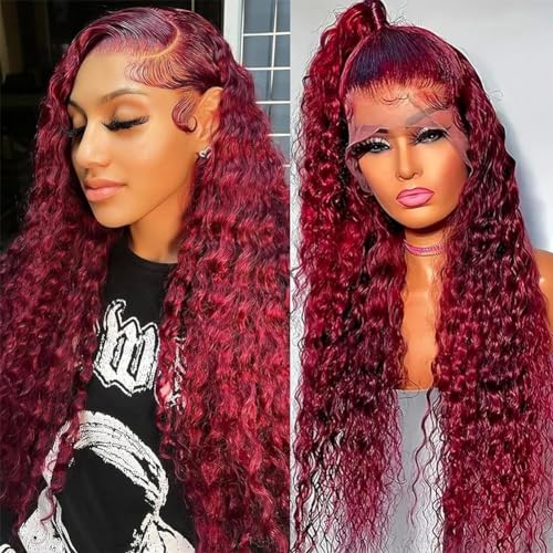 Burgundy Deep Wave Lace Front Wigs Human Hair Pre Plucked 99J Colored Red 13x4 Lace Frontal Human Hair Wigs for Black Women 220% Density Natural Hairline With Baby Hair 22 Inch