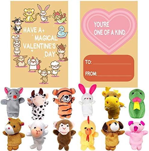 12 Pack Plush Animal Finger Puppet Toy with Valentine's Greeting Cards, Valentine School Classroom Prize Party Favor Toys, Valentine Gift Exchange