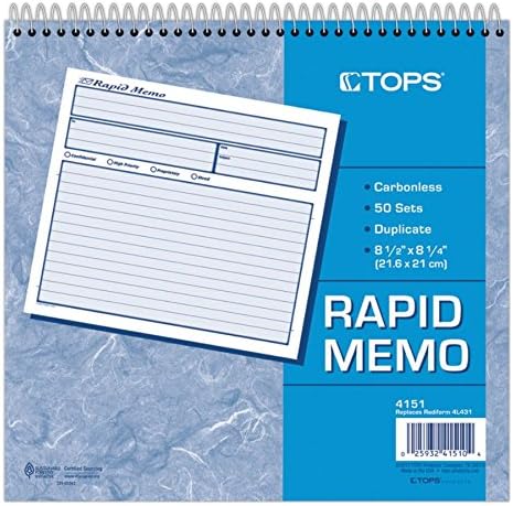 Adams Rapid Memo Book, 8.25 x 8.5 Inch, 2-Part, Carbonless, 50 Sets, 1 Memo per Page, White and Canary (SC1158), White/Canary