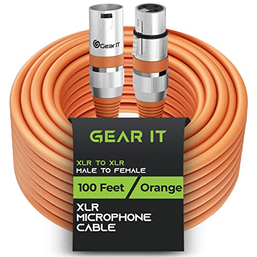GearIT XLR to XLR Microphone Cable (100 Feet, 1 Pack) XLR Male to Female Mic Cable 3-Pin Balanced Shielded XLR Cable for Mic Mixer, Recording Studio, Podcast - Orange, 100Ft, 1 Pack