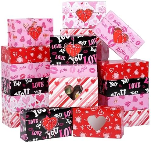 MIMIND Valentines Day Cookie Boxes 7.8 x 4.7 x 2.75 Inch Cupcake Bakery Boxes with Heart Window Goody Treat Boxes Candy Container Boxes with Tags for Valentines Day Gifts Giving (24)