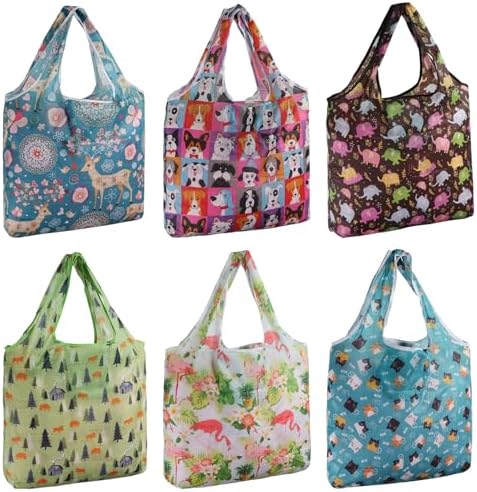6 Pack Foldable Reusable Shopping Bags Grocery Bags, Grocery Tote Bags to Fits in Pocket, Lightweight, Strong & Machine Washable