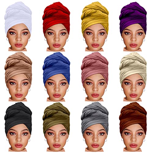 ZRQ 12 Pieces Head Wraps for Black Women Stretch Jersey Turban Fashion Headband Hair Wrap Head Scarf Soft Breathable Long Scarf Lightweight and Comfortable Tie 12 Colors