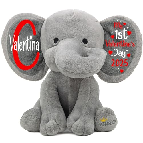 Personalized Elephant Stuffed Animal - My First Valentine’s Day Elephant, Custom Plush Toy Valentines Gifts for Babies, Boy, Girl, Newborn, Customized Keepsake Plush Bear Gift, Gray 9 Inches