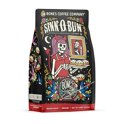 Bones Coffee Company Decaf Sinn 'O' Bun Flavored Coffee Beans, Medium Roast Ground Coffee Low Acid Decaffeinated, Cinnamon Roll Flavor (12 oz)