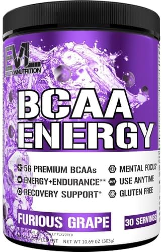 EVL BCAAs Amino Acids Powder - BCAA Energy Pre Workout Powder for Muscle Recovery Lean Growth and Endurance - Rehydrating Post Workout Recovery Drink with Natural Caffeine - Furious Grape