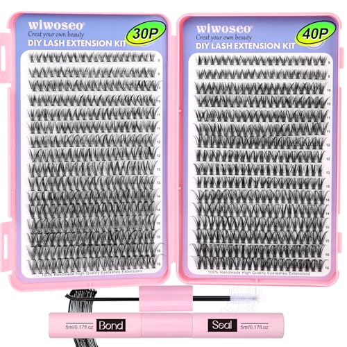 640Pcs Lash Extension Kit, DIY Eyelash Extension Kit Cluster Curl Individual Lashes with Lash Bond and Seal, Tweezers DIY Eyelash Extension Kit for Self Application At Home(30p+40p 8-15MM)