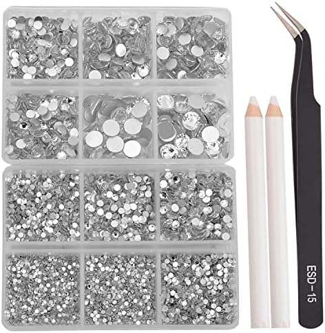 8000pcs Non Hotfix Rhinestones 10 Sizes Flatback Crystal Glass Rhinestones with Tweezers and Picking Pen for Nail Art Clothes Bags Phone Decorations Crafts DIY (001 Crystal Mix SS3-SS30)