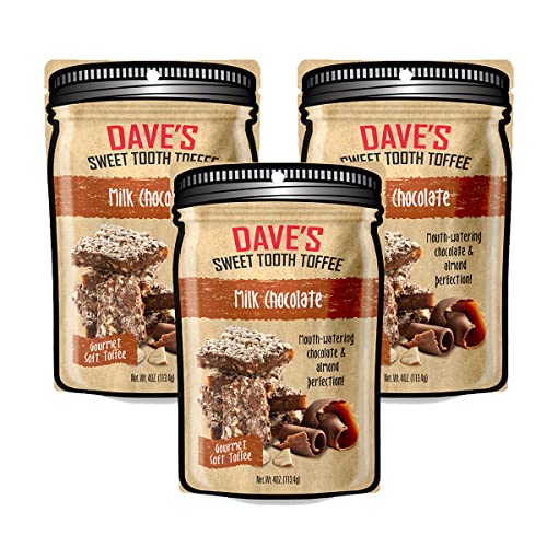 Dave's Sweet Tooth Toffee - Milk Chocolate Toffee Gift Set (4 oz. x 3) - Homemade & Handmade Chocolate Gourmet Soft Toffee with Real Butter, Real Sugar, Hand-Sliced Almonds, Naturally Gluten-Free