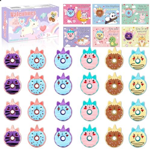 30 PCS Valentines Cards for Kids School with Donut Erasers, Kids Valentine Party Favor, Valentine's Day Classroom Prizes, Ideal Valentine Exchange Gift