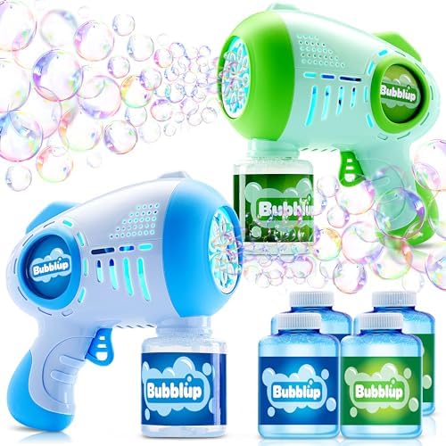 JOYIN 2 Packs Bubble Guns with 4 Bottles Solution, 10 Holes Light Up Automatic Bubble Machine Gun for Kids, Adults, Summer Toys, Easter Basket Stuffers, Birthday Gift, Party Favors