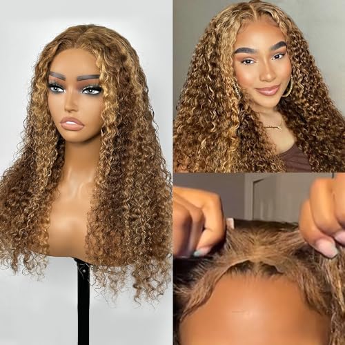 Highlight Honey Blonde Glueless Curly Wig Human Hair Pre Plucked Pre Cut P4/27 Ombre Curly Deep Wave Lace Front Wig Human Hair 5x5 HD Lace Closure Wigs with Elastic Band