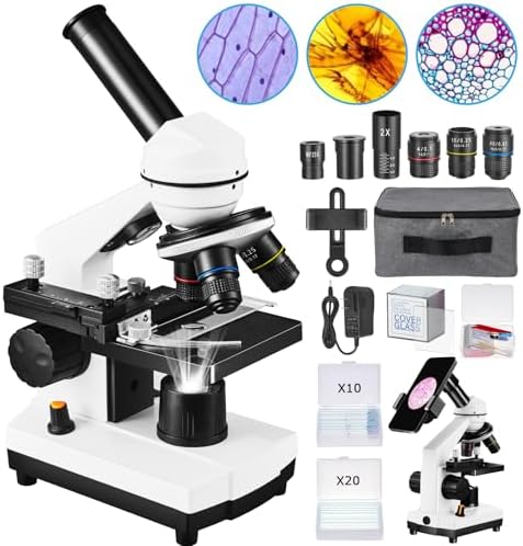 Microscope for Adults Kids,40X-2000X Monocular Microscope Kit for Home School Lab, 2 LED Lights & 5 Colors Kids Microscope with Phone Holder,10 Specimen Slides,20 Slides,100 Coverslips, Bag