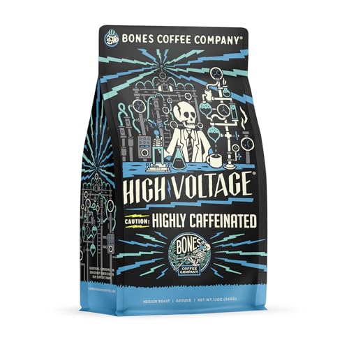 Bones Coffee Company High Voltage Flavored Coffee Beans, Medium Roast Ground Coffee Low Acid, Highly Caffeinated Coffee (12 oz)