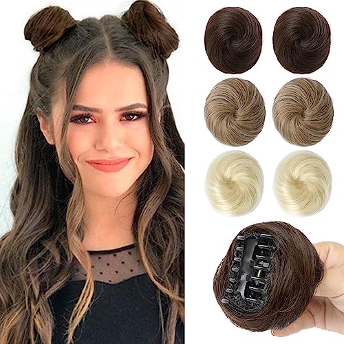 REECHO 2 PCS Mini Claw Clip in Messy & Cat Ears Hair Bun Extensions HB001 Wig Accessory Updo Hairpieces for Women Girls (Pack of 2-3" Straight, Dark Chocolate Brown)