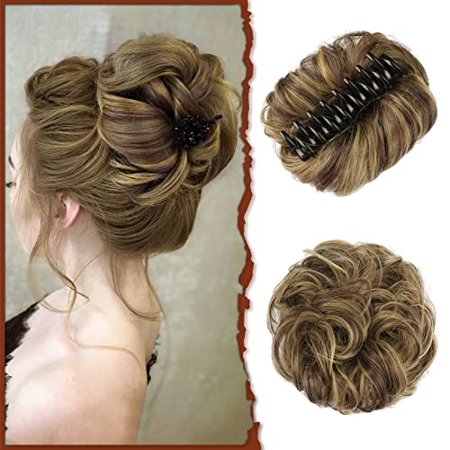 SOFEIYAN Claw Clip Messy Bun Hair Piece Wavy Curly Hair Bun Clip in Claw Chignon Ponytail Hairpieces Synthetic Tousled Updo Hair Extensions Scrunchie Hairpiece for Women, Blonde & Medium Brown