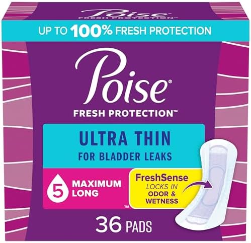 Poise Ultra Thin Incontinence Pads & Postpartum Incontinence Pads, 5 Drop Maximum Absorbency, Long Length, 36 Count, Packaging May Vary
