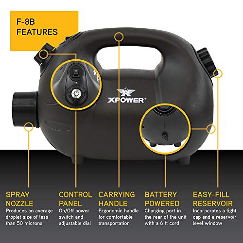 XPOWER F-8B ULV Cold Fogger, Mist Blower, and Sprayer for Cleaning, Disinfecting, Pest Control and Odor Elimination, 20+ Ft. Spray Distance, 0.6 L Tank Capacity, Rechargeable Battery