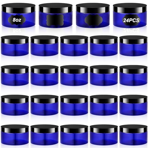 Dandat 24 Pcs Plastic Jars with Lid and Label PET Cosmetic Containers Leak Proof Empty Cosmetic Jars Refillable Storage Travel Containers for Lotion Cream Gel Powder(8 oz,Blue with Black Lid)