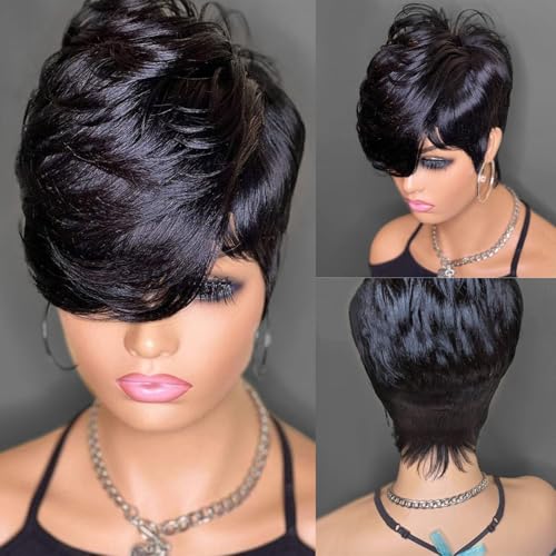 Short Human Hair Wig Pixie Cut Wigs for Black Women with Bangs 8 inches Short Bob Wig Human Hair Side Part Short Pixie Cut No Lace Front Wigs Natural Black Full Machine Made Glueless Wig