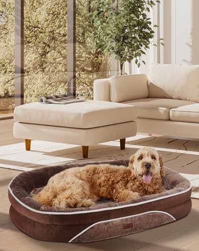 OhGeni Orthopedic Dog Bed for Extra Large Dogs, Dog Couch Design with Egg Foam Support, Removable, Machine Washable Plush Cover and Non-Slip Bottom with Four Sided Bolster Cushion (Brown)