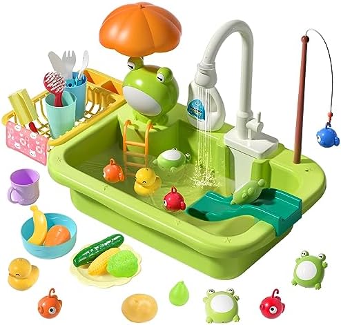 CUTE STONE Play Sink with Running Water, Kitchen Sink Toys with Upgraded Electric Faucet, Play Kitchen Toy Accessories, Pool Floating Fishing Toys for Water Play, Kids Role Play Dishwasher Toy